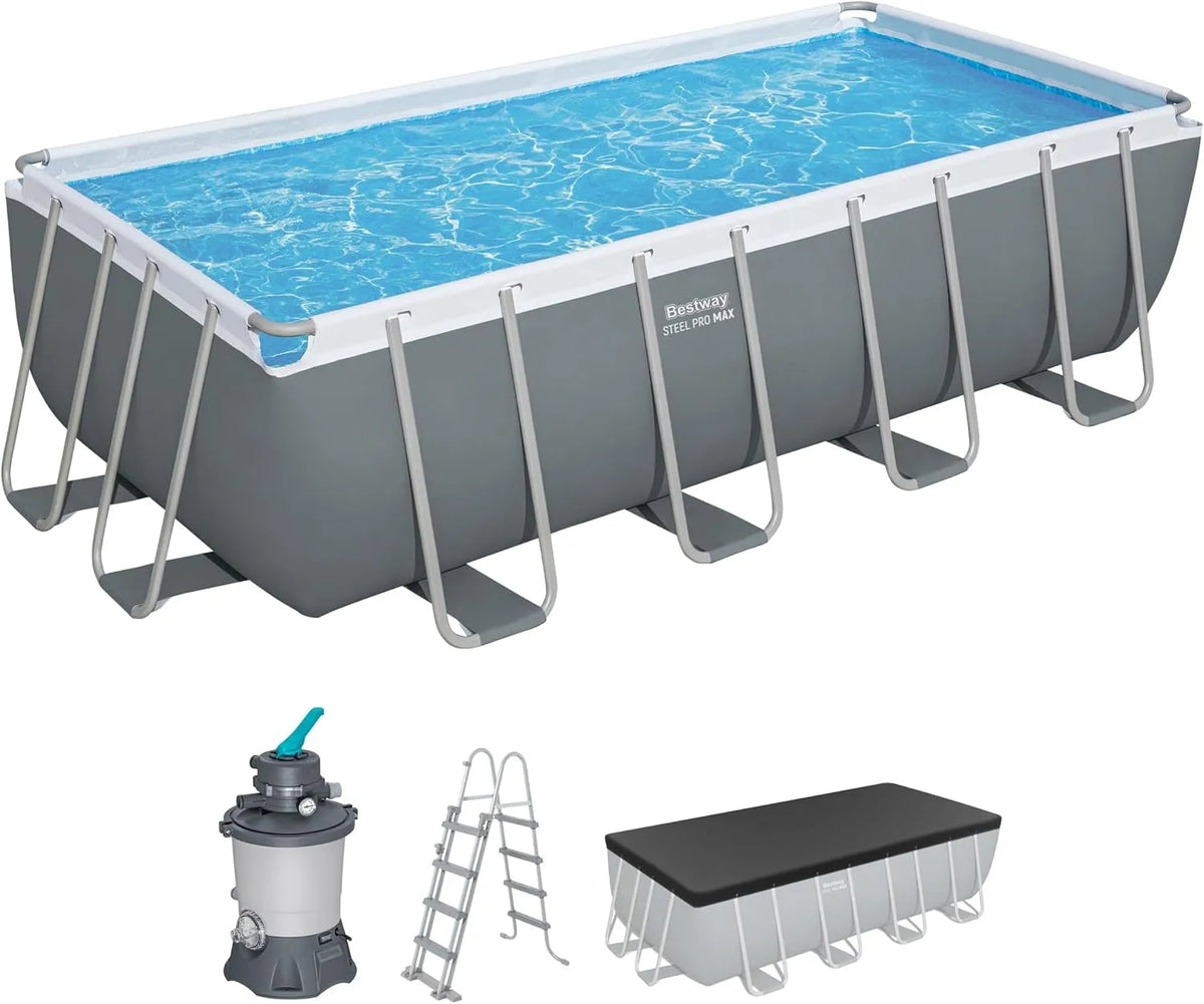 Bestway Pool, Power Steel Frame Komplett-Set mit Sandfilteranlage 488 x 244 x 122 cm, eckig, Farbe Grau