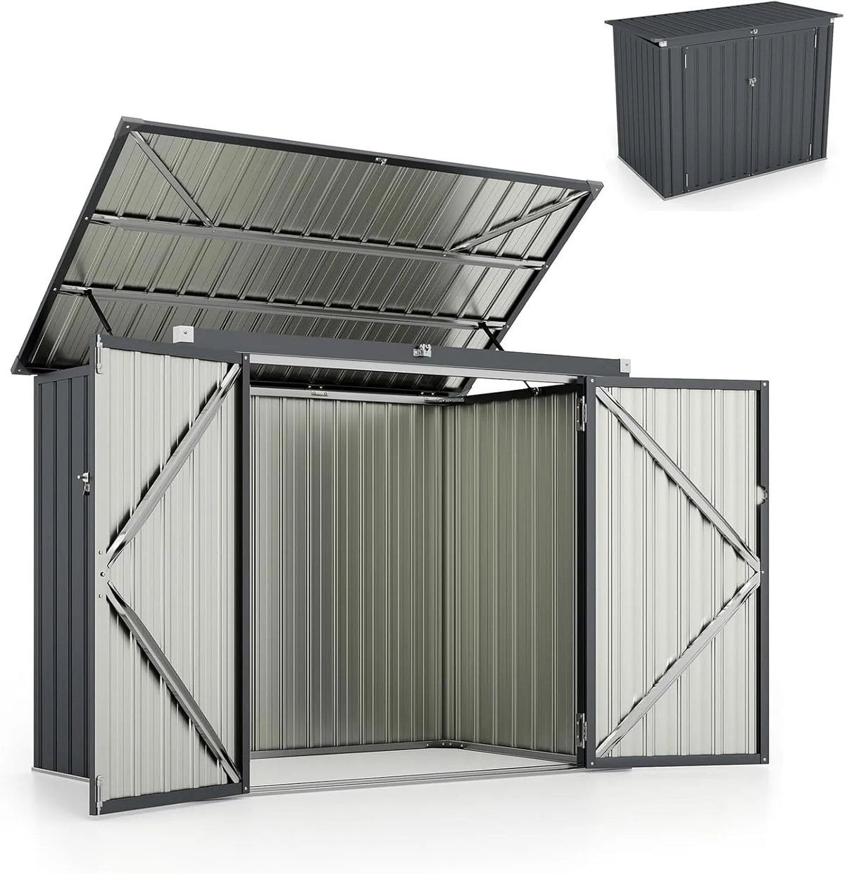 Goplus Gerätehaus, Geräteschuppen mit Klappdeckel & 2 Türen, Metall 1,5 m², Maße 172 x 101 x 130 cm, Gartenschuppen Gartengerätehaus für Farm
