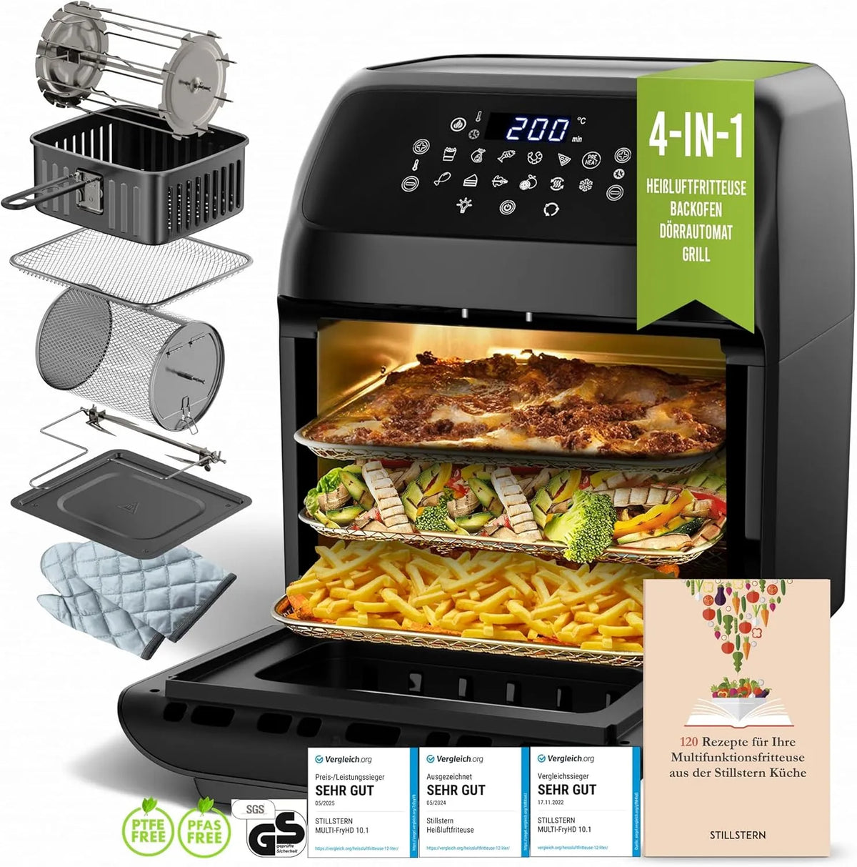 Heißluftfritteuse Stillstern, Fassungsvermögen 12L mit LED-Touchscreen, 12 Betriebsprogramme, Leistung 1800W Heissluftfritteuse Air Fryer XXL