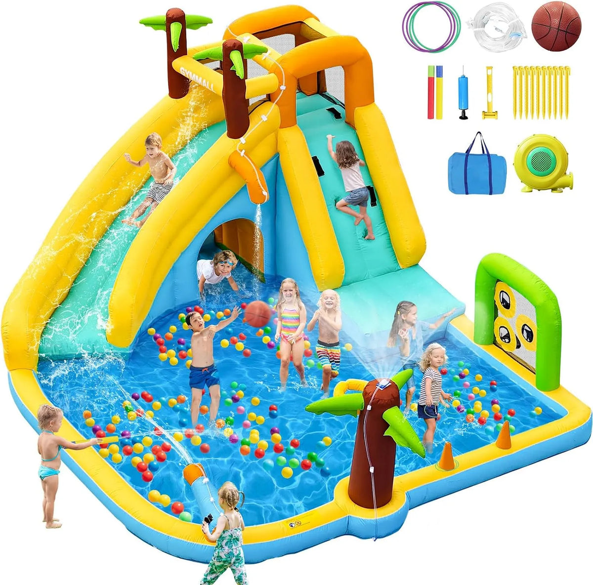 Hüpfburg Aufblasbare Wasserrutsche, mit 450W Gebläse 10-in-1 Wasserspielpark für Kinder drinnen und draußen, mit Sprungbereich, Planschbecken