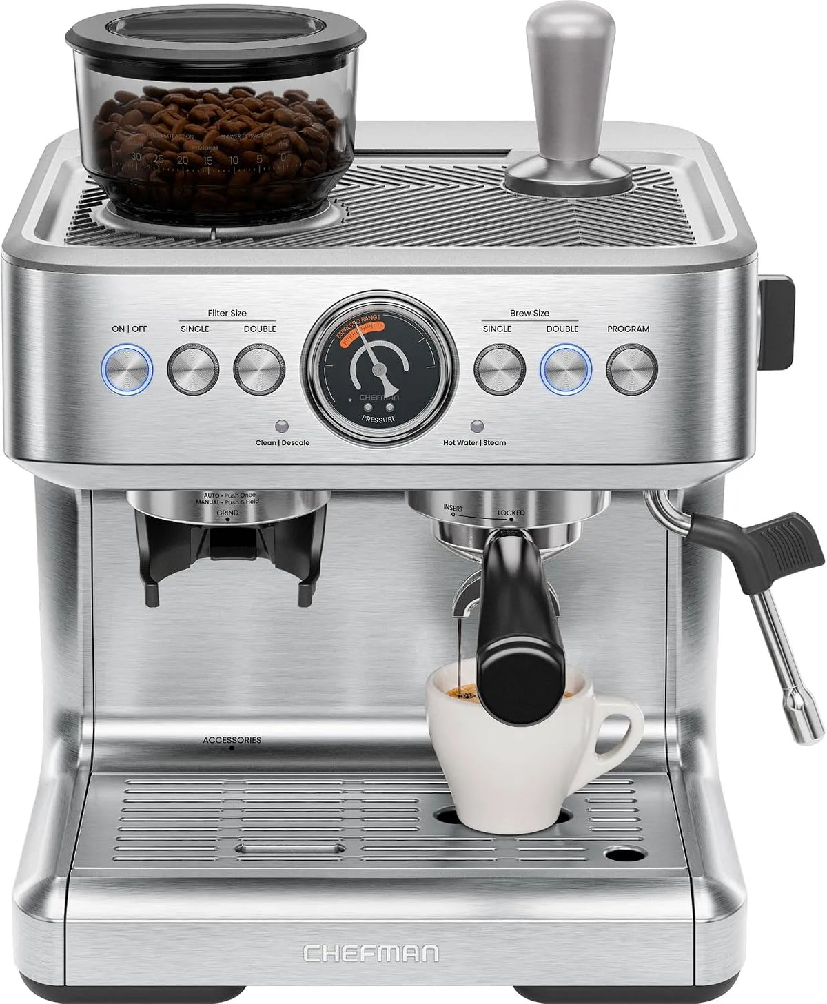 Espressomaschine, professionelle Kaffeemaschine mit Kaffeemühle, Fassungsvermögen 3L abnehmbarer Wassertank, Edelstahl, 30 Mahlgradeinstellungen