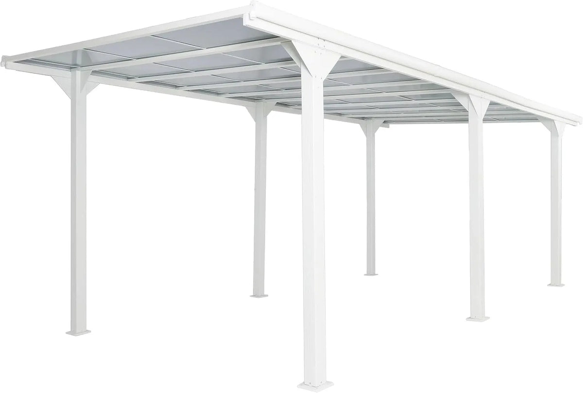 Carport 10cm-Gestell PROREGAL Alu, Polycarbonat-Dach Regenrinne, HxBxT 249x604x613 cm, Maße 3x6m, Autoüberdachung Garage Unterstand, Weiß