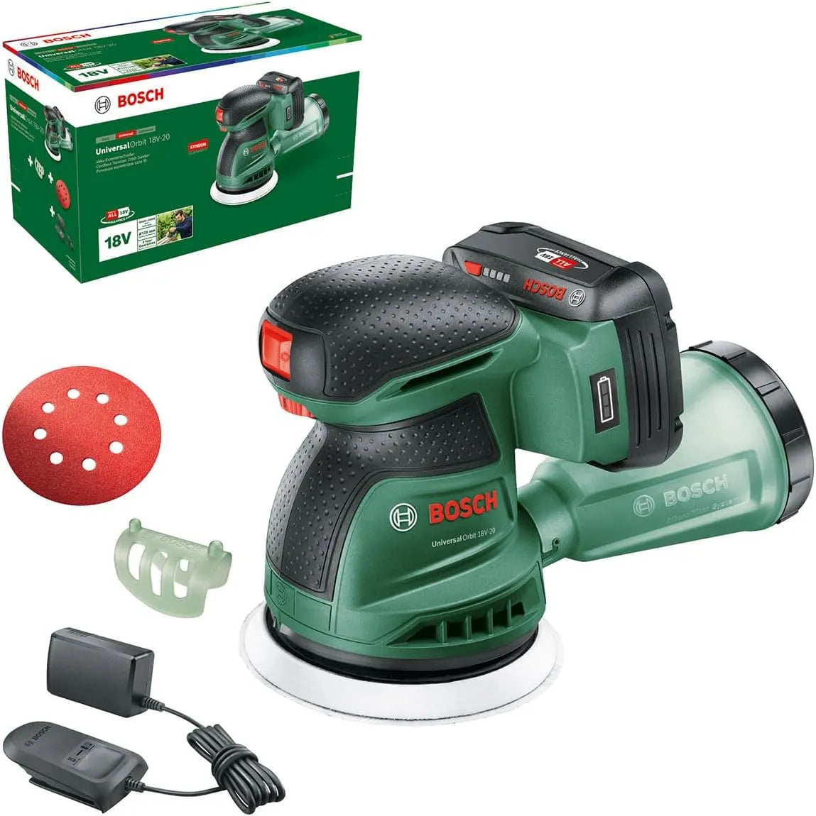 Bosch Modell, Durchmesser: 125 mm 18V-20, Akku 2.0Ah und Ladegerät, Akku-Exzenterschleifer UniversalOrbit Set