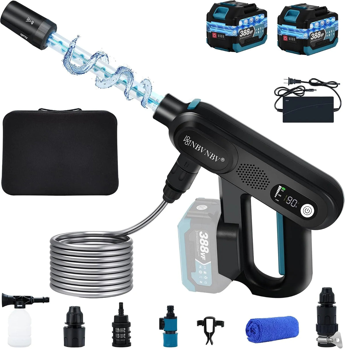 Makita Hochdruckreiniger 5-IN-1Spirale, 3-Stufiger Max 220 Bar, Akku für 18V Akku, Druck Erhöhen Düse Mobile Akku, 5m Schlauch