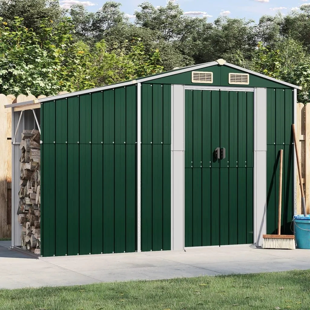 Gerätehaus Stahl-Grün-277 SECOLI, mit bodenplatte Metall pultdach Gartenhaus Metall XXL Geräteschuppen Outdoor
