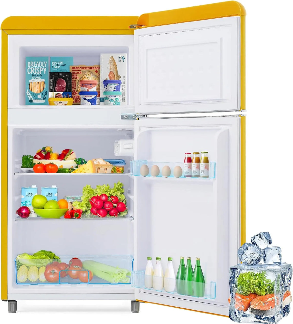 Kühlschrank Merax Retro, 120 kWh, Fassungsvermögen 72L Gesamtvolumen, Fassungsvermögen 21L Gefrierfach, Energieklasse E, Doppeltür, Jahr