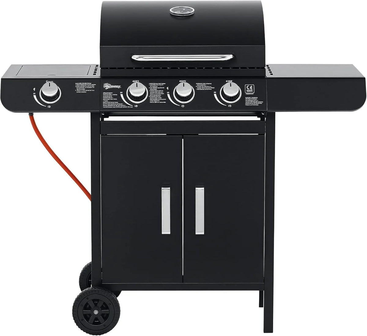 Outsunny Gasgrill, Leistung 11,6 KW Grillwagen inklusive 4 Edelstahl-Brenner Thermometer Kochplatte Flaschenöffner Seitenablagen
