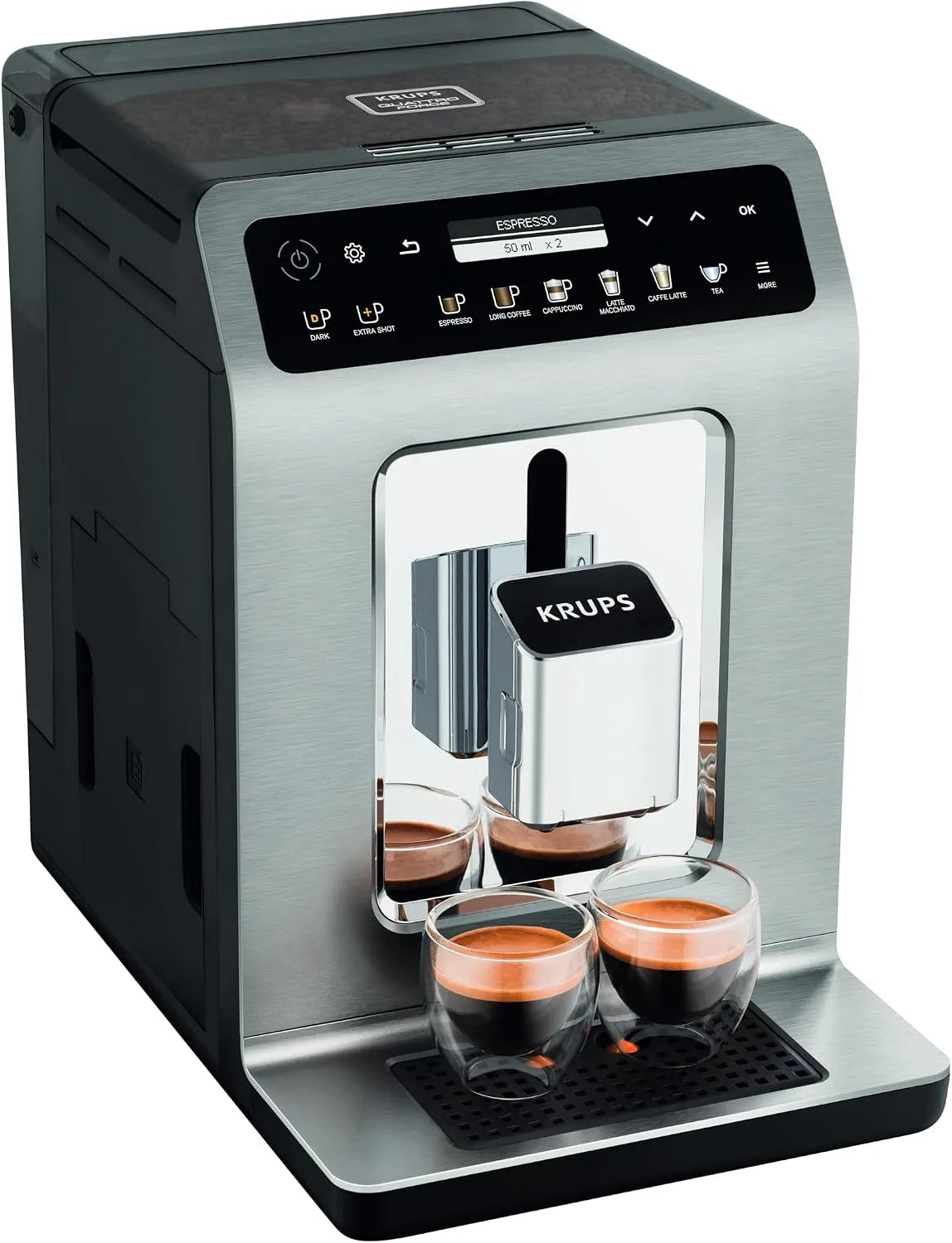Krups Kaffeevollautomat 2-Tassen-Funktion EA894T10, Kaffeemaschine, TÜV-Siegel, Titanium-metallic, Evidence Plus mit Milchschlauch, 19 Getränke