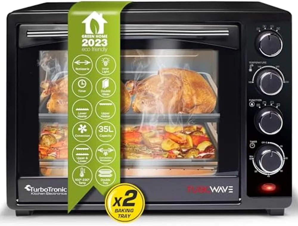Backofen, TurboTronic Minibackofen mit Umluft 35l in Schwarz 1600W, Mini mit 2 Backblechen, Timer, Pizzaofen, Grill