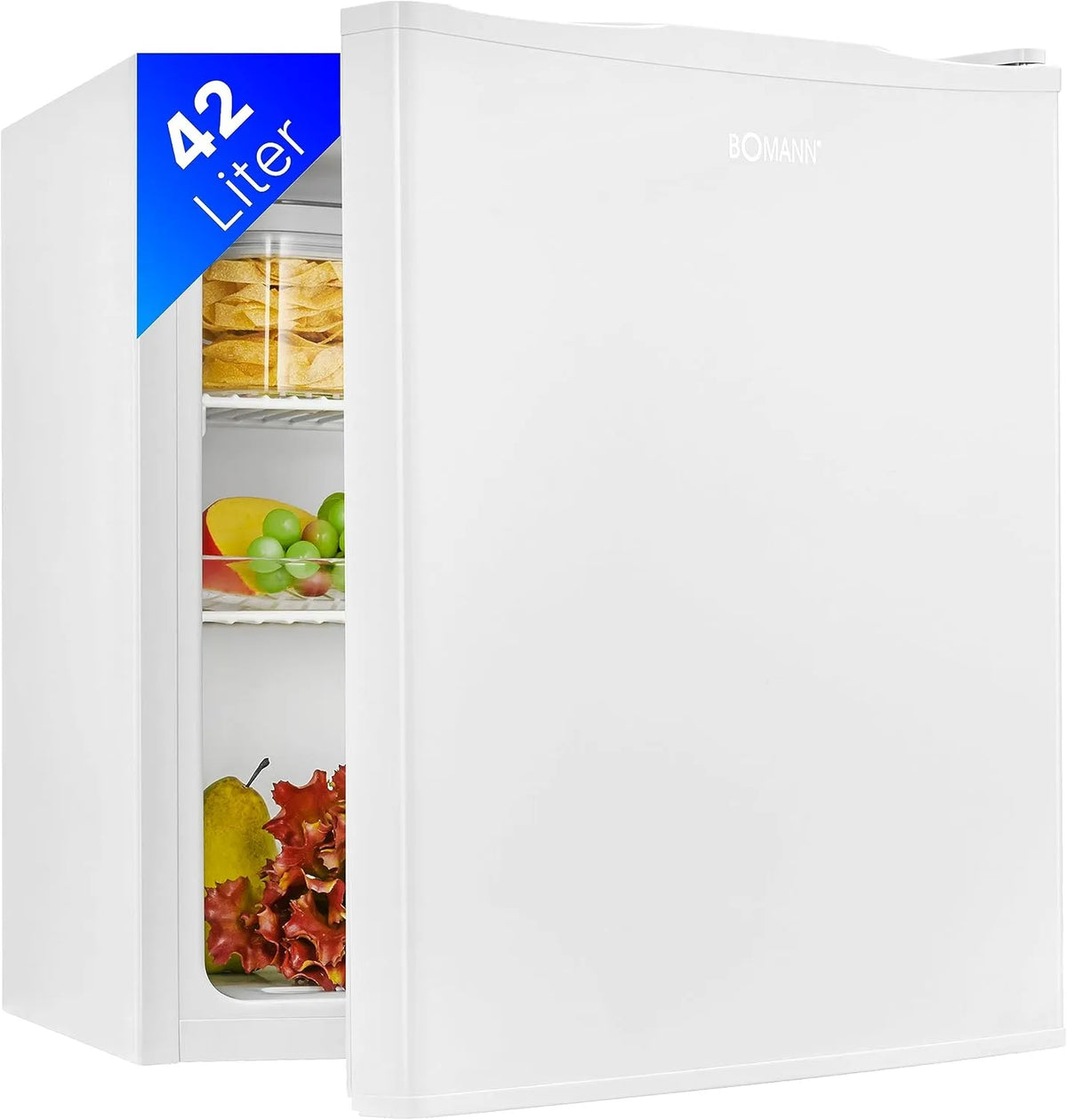 Bomann Kühlschrank KB 7346, Mini 42 Liter, kleiner leise 39 dB, Maße 51x45x45 cm, Getränkekühlschrank klein für Büro, Camping und Gaming, weiß