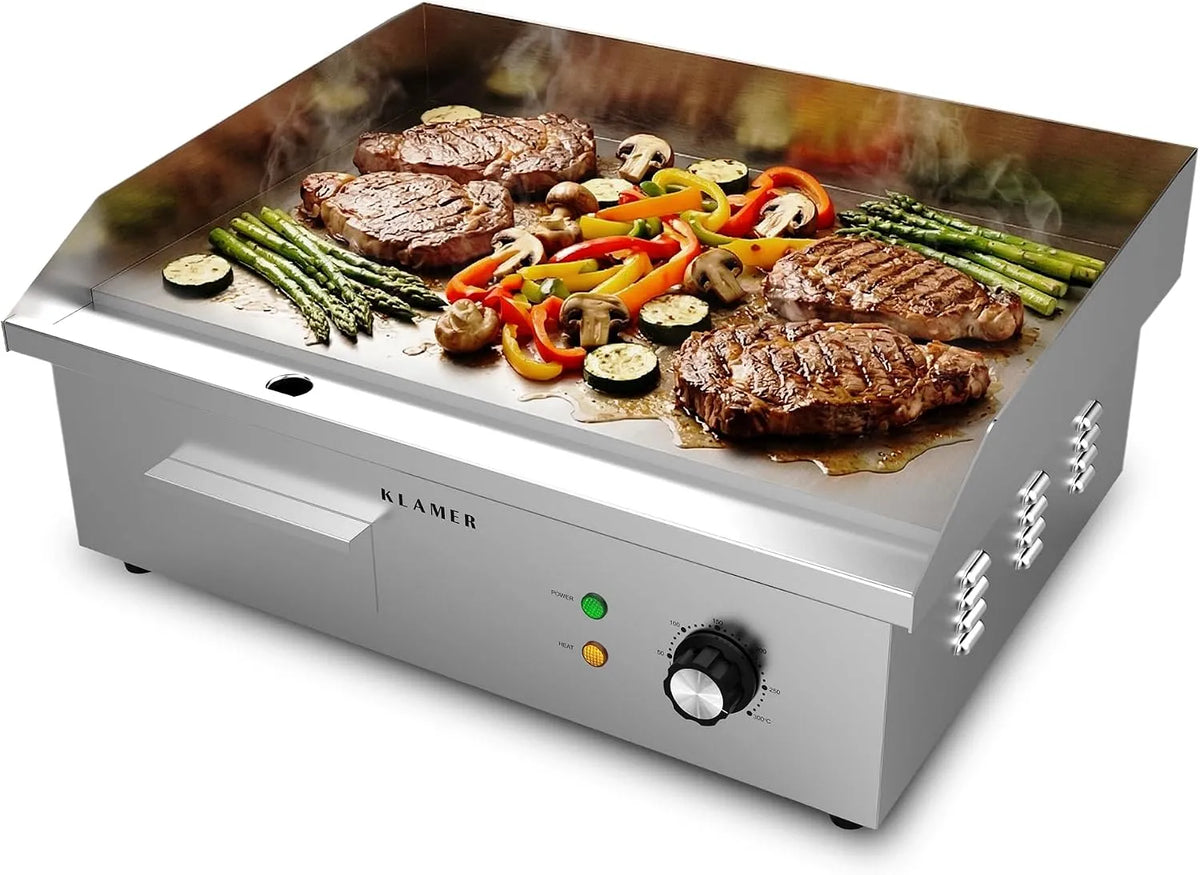 Grill, KLAMER Elektrogrill Edelstahl 3000W, XL Grillplatte 54,5x38,5 cm, Tischgrill Elektrisch 50–300°C, Eisengrillplatte, Spritzschutz
