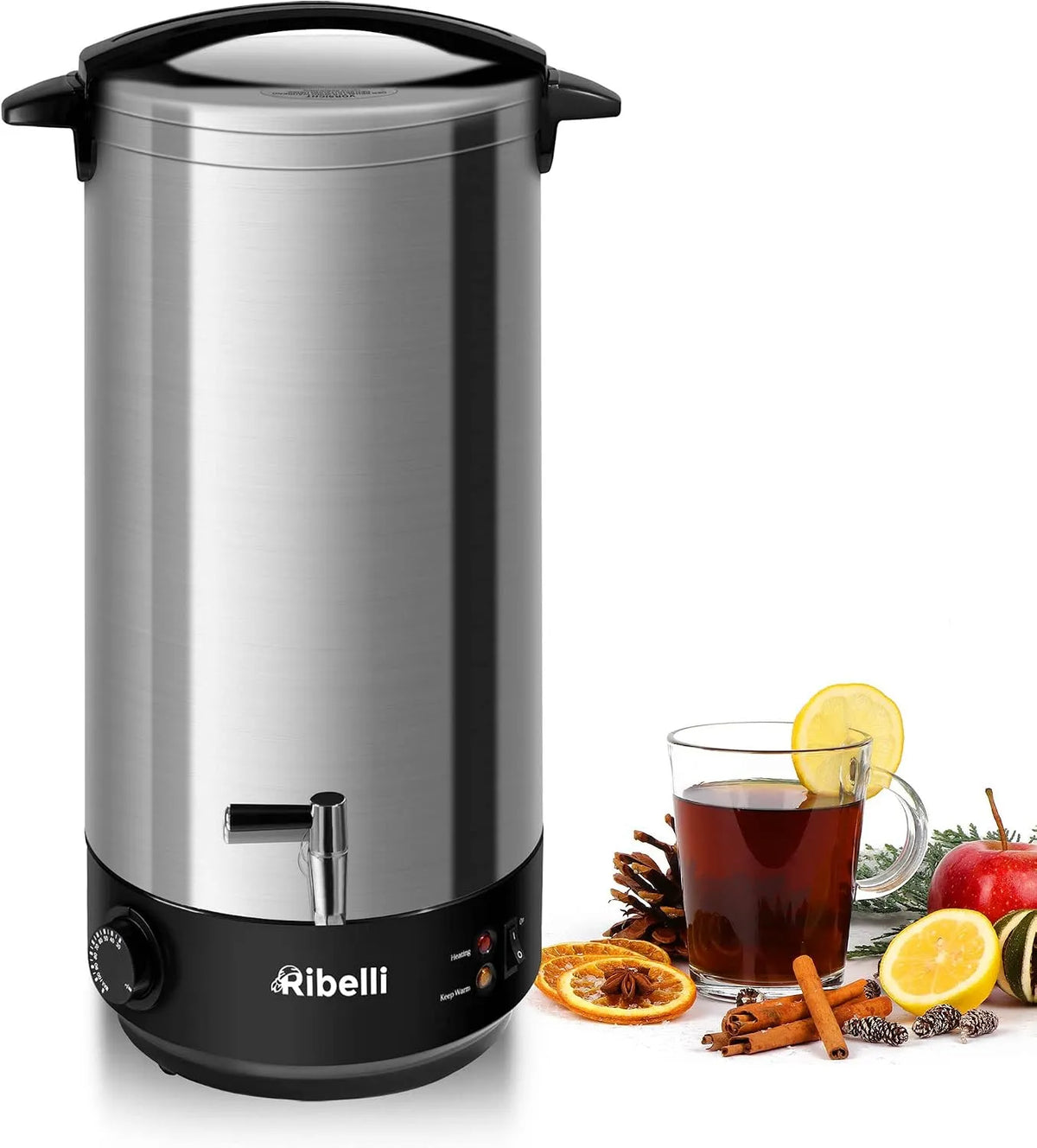 Ribelli 22L Doppelwandiger Glühweinkocher mit Metall Zapfhahn, Temperatureinstellung von 30 bis 100°C, Einkochautomat Heißwasserspender