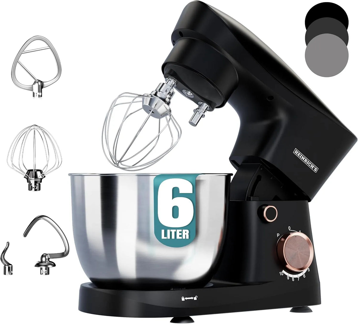 Küchenmaschine 10einstellbare Heinrich´s, XL 6L Edelstahlschüssel, Teigmaschine, Knethaken, Schneebesen, geräuscharm, Leistung 1500W Küchengerät