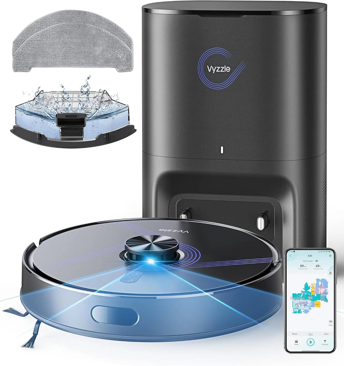 Saugroboter 5500 Vyzzle, mit Wischfunktion Pa, APP Steuerung, in Schwarz, Staubsauger Roboter für Tierhaare Teppich Böden, mit Absaugstation 3.5L