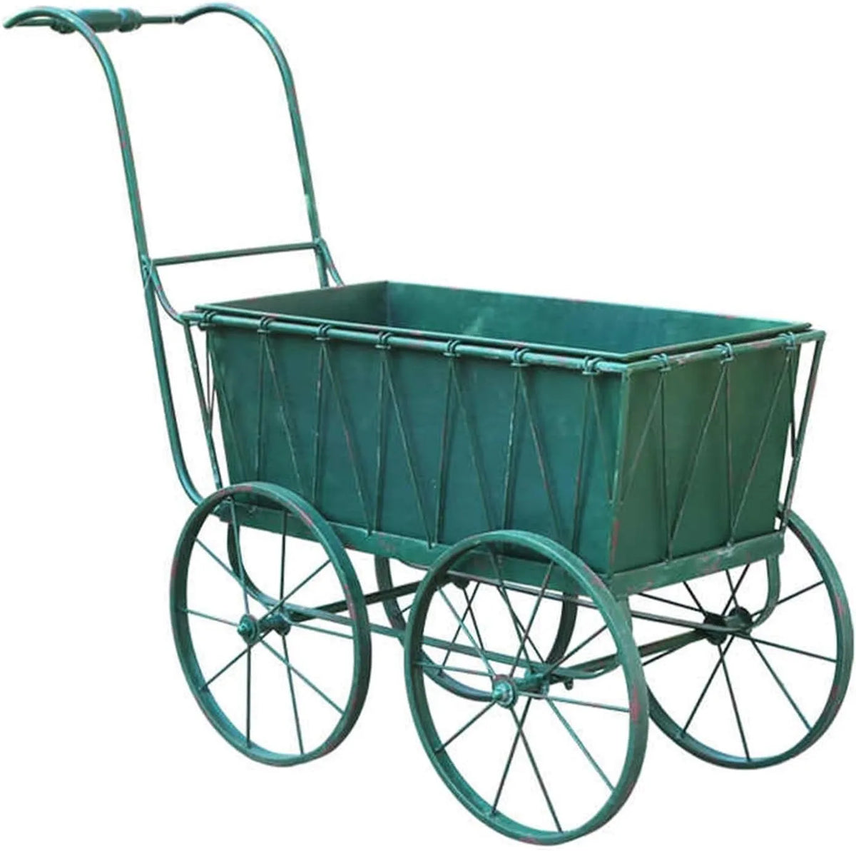 Retro-Gartenwagen, Wagen Mit 4 Rädern for Rasen, Schubkarre, Handwagen, Gartenschubkarrenwagen Aus Metall, Mehrzweckwagen, Gartendekoration, Grün