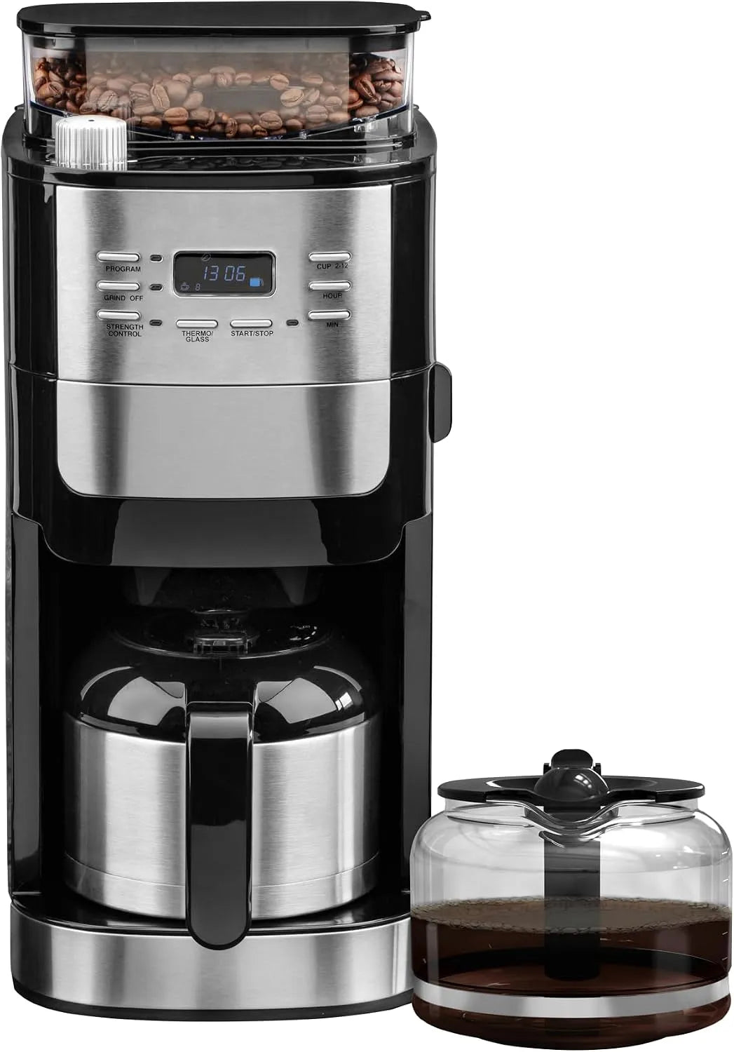 Kaffeemaschine 24h Filter, Leistung 1050W für Ganze Bohnen & Pulver, mit Mahlwerk & Thermoskanne, Edelstahl, 2 in 1 Set, 12 Tassen, Timer