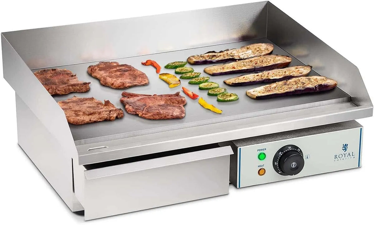 Grill RCEG-55, Maße 55x35 cm, glatt, Silber, Royal Catering Grillplatte elektrisch Elektrogrill Gastronomie Tischgrill Edelstahl, 3000 W, 30-300°C