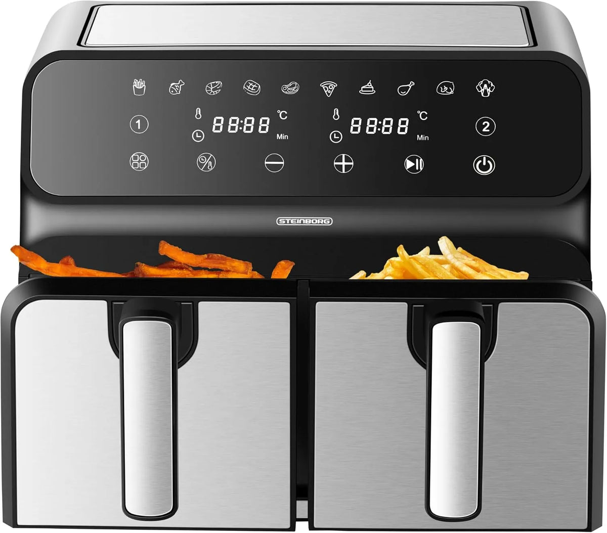 Heißluftfritteuse, 2 Kammern, Heissluftfritteuse, Dörrautomat, Air Fryer, Heißluftgrill, 4 in 1 Mini Backofen, Friteuse ohne Öl, Heißluftofen