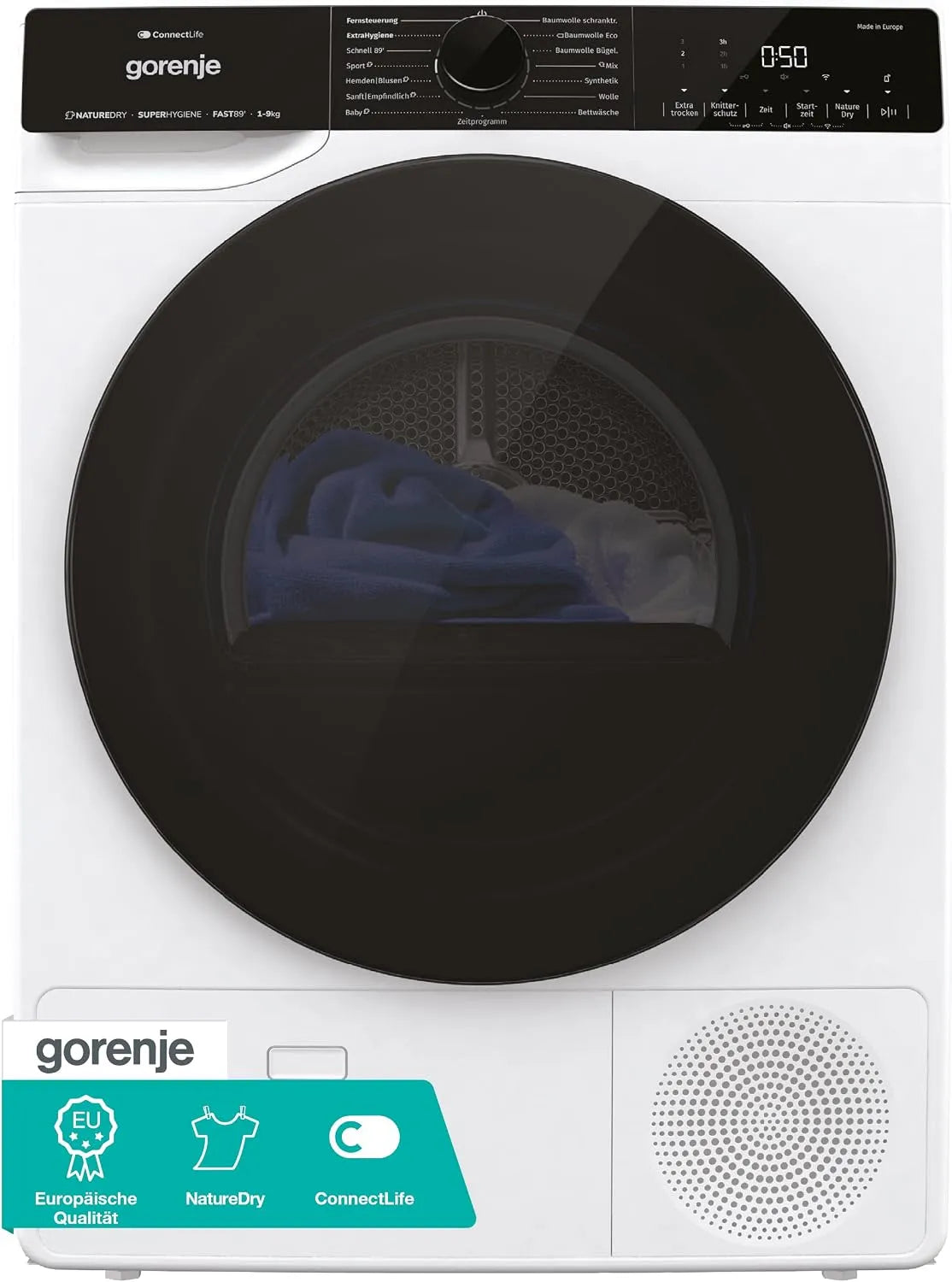 Gorenje Wärmepumpentrockner DPNA93W, Gewicht 9 kg Kapazität, 15 Betriebsprogramme, Schnellprogramm Energieklasse C, ConnectLife WiFi, Auto Drain